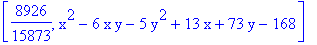 [8926/15873, x^2-6*x*y-5*y^2+13*x+73*y-168]